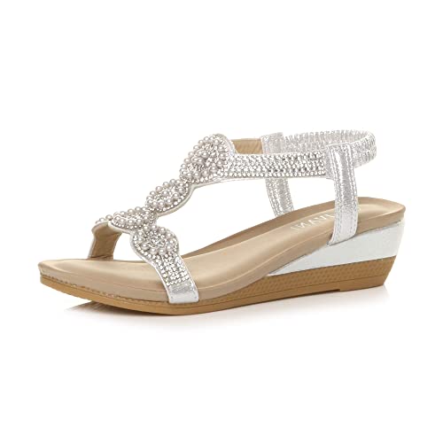 Damen Mittlerer Keilabsatz Diamant Perlen Elastisch Sandaletten Slingback T-Riemensandalen Größe 8 41 von Ajvani