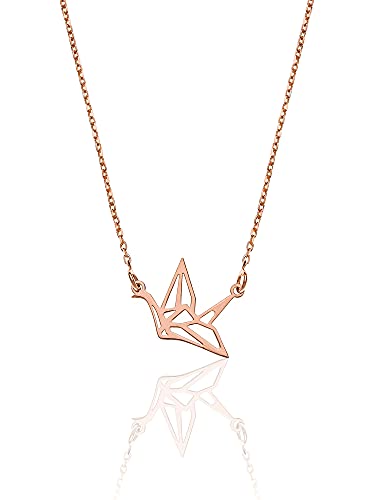 AKA Gioielli® - Origami Kranich Anhänger Halskette 925 Silber Rosegold Geschenke für Mädchen und Damen von AKA Gioielli