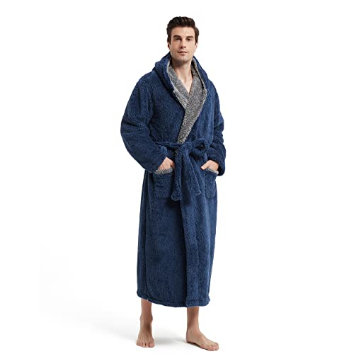 Akakios Warmer Herren-Bademantel aus Fleece mit Kapuze, weicher Plüschmantel, volle Länge, luxuriöser Bademantel mit Taschen, Bademantel für Herren, Marineblau, Medium von Akakios