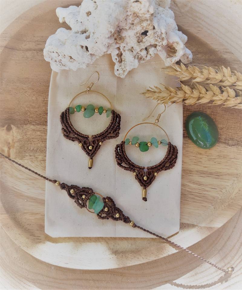 Aventurin-Schmuckset ~ Boho-Ohrringe Mineralstein-Armband Handgefertigt Hochzeitsschmuck Edelstein-Set Handgefertigtes Schmuckset von Akashaknots