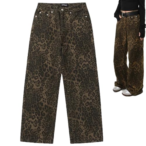 Akayoo Jeans Mit Leopardenmuster,Leopard Jeans,y2k Pants Leopard Print Pants Straight Leg Jeans Baggy Jeans Oversized Pants Wide Leg Jeans,Jeans Mit Leopardenmuster Baggy,Jeans Mit Für Damen von Akayoo