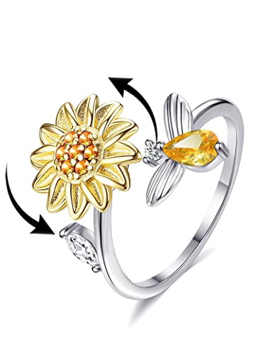 Akeoqi Fidget Angst Ringe Drehbar Stress Relief Bead Ring Größe Einstellbar Offenes Design Ring Spinner Fidget Ring Eingelegter Zirkonia Sonnenblume Regenschirm Windmühle Blume Perle Blaues Auge von Akeoqi