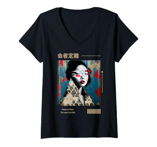 Damen Japanische moderne Kunst Schreiben Street Style Ästhetische Mode T-Shirt mit V-Ausschnitt von Akima Japanese Streetwear Apparel Shop