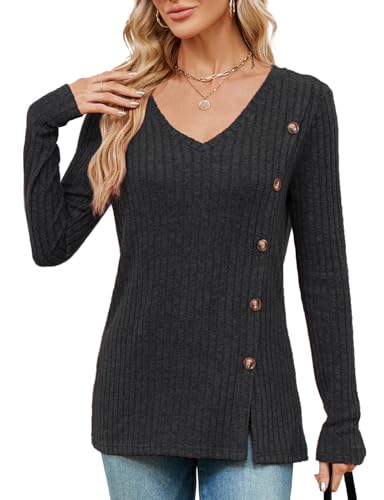 Akiooue Damen-Pullover mit V-Ausschnitt, lässig, langärmelig, leicht, Strickpullover, Tunika mit Knopfleiste vorne, Schwarz , XL von Akiooue