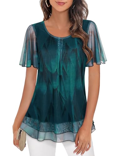 Akiooue Damen Sommer Blusen Rüschen Kurzarm Rundhals Chiffon Tops Plissee Doppellagig Mesh Tunika T-Shirts M-3XL, blau - peacock blue, 3XL von Akiooue