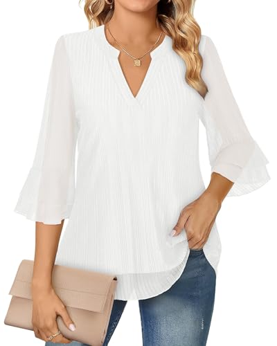 Akiooue Damenblusen 3/4 Glockenärmel Tunika Tops Casual Dressy V-Ausschnitt Doppellagig Chiffon Arbeitsbluse Shirts S-3XL, weiß, XXL von Akiooue