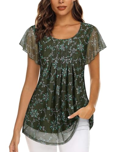 Akiooue Damenblusen Kurzarm Tunika Tops Casual Rundhals Rüschen Flowy Doppellagige Mesh Shirts S-3XL, Grünes Blumenmuster, 48 von Akiooue
