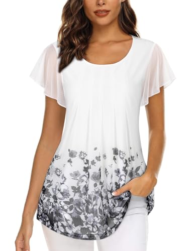 Akiooue Damenblusen Kurzarm Tunika Tops Casual Rundhals Rüschen Flowy Doppellagige Mesh Shirts S-3XL, Weiß, 48 von Akiooue
