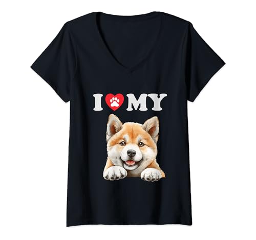 Damen Akita Inu I Heart My Dog Lustiger Hundeliebhaber T-Shirt mit V-Ausschnitt von Akita Inu I Love My Dog Tees