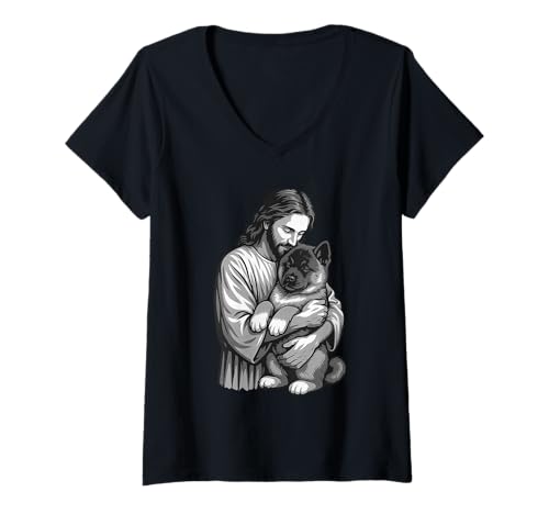 Damen American Akita and Jesus Christian Faith Hundeliebhaber T-Shirt mit V-Ausschnitt Damen American Akita and Jesus Christian Faith Hundeliebhaber T-Shirt mit V-Ausschnitt von Akita Lion Of Judah Dog Designs