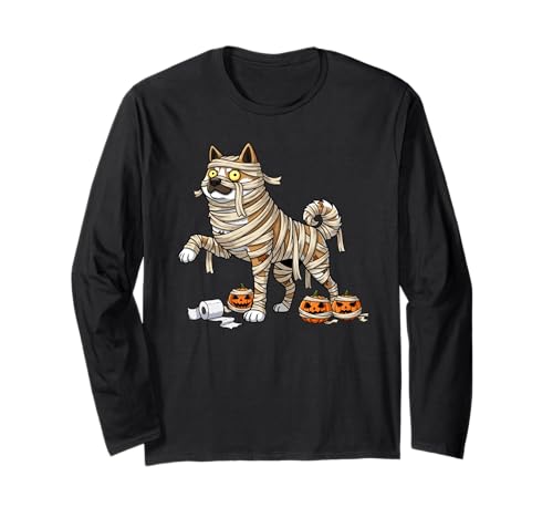 Lustiger Akita Mummy Kürbis Halloween Kinder Herren Damen Langarmshirt von Akita Lovers Cute Halloween Outfits for Boy Girl