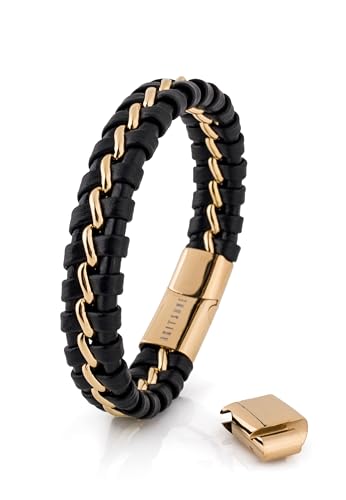 Akitsune Adeptus Lederarmband | Armschmuck Damen Herren Lederarmband mit Edelstahl-Streifen in der Mitte Mattschwarz - Gold 23,00 cm von Akitsune