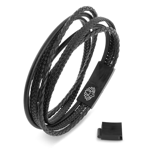 Akitsune Ambush Synthetisches Lederarmband | Magnetverschluss aus Edelstahl - Wickelarmband für Männer Herren - Armband inkl. schöner Schmuckschachtel - Schwarz-Schwarz - 19,00 cm von Akitsune