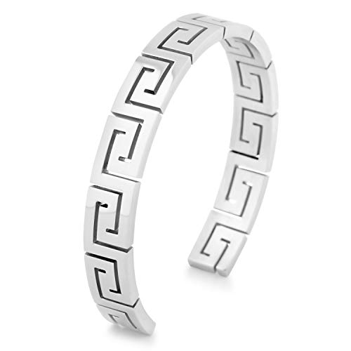 Akitsune Argius Mäander Armreif | Griechisch Antik Armschmuck Frauen Herren Edelstahl Armband Cuff - Silber 55mm von Akitsune