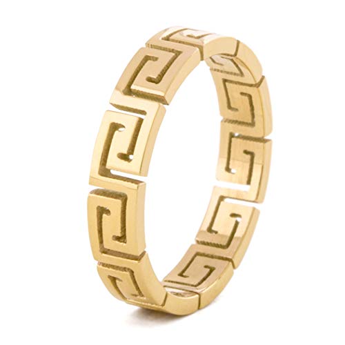 Akitsune Argius Ring | Eleganter Damen Ring mit Griechischen Ornament Muster | Design-Ring für Frauen und Herren Edelstahl Filigran Mäander - Gold - US 10 von Akitsune