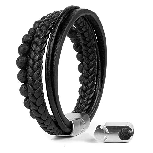 Akitsune Bellum Synthetisches Perlen Lederarmband | Magnetverschluss aus Edelstahl - Geflochtenes Männer Herren Armband inkl. schöner Schmuckschachtel - Silber-Schwarz - 19cm von Akitsune