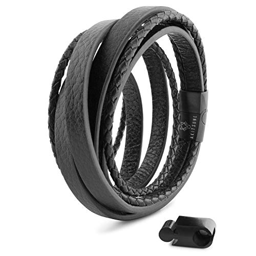 Akitsune Dark Matter Synthetisches Lederarmband | Magnetverschluss aus Edelstahl - Geflochtenes Männer Herren Armband inkl. schöner Schmuckschachtel - Schwarz-Schwarz - 23cm von Akitsune