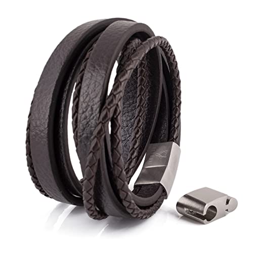 Akitsune Dark Matter Synthetisches Lederarmband | Magnetverschluss aus Edelstahl - Geflochtenes Männer Herren Armband inkl. schöner Schmuckschachtel - Silber-Braun - 21cm von Akitsune