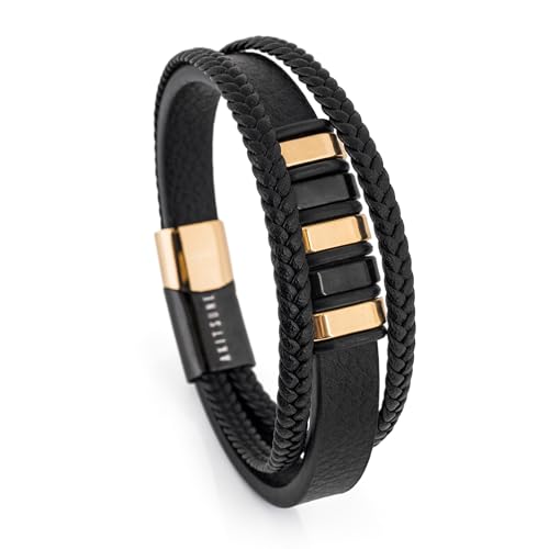 Akitsune Fabula Lederarmband |Armschmuck Frauen Herren Magnetverschluss aus Edelstahl Männer Armband - Gold - Schwarz 21cm von Akitsune