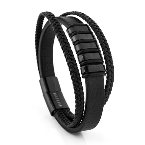 Akitsune Fabula Lederarmband | Armschmuck Frauen Herren Edelstahl Männer Armband - Schwarz - Schwarz 19cm von Akitsune