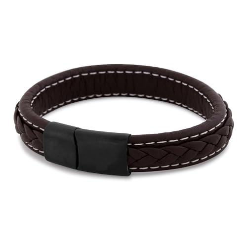 Akitsune Fides Lederarmband | Armschmuck Frauen Herren Edelstahl Männer Armband - Mattschwarz - Braun 19cm von Akitsune