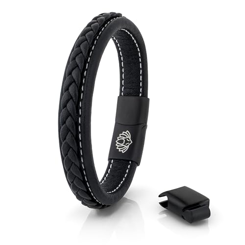 Akitsune Fides Lederarmband | Armschmuck Frauen Herren Edelstahl Männer Armband - Mattschwarz - Schwarz 19cm von Akitsune