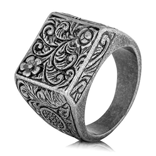 Akitsune Floris Ring | Design-Ring Frauen Herren Edelstahl Groß Floral Blumen Ornament Siegel - Antik Silber - US 7 von Akitsune