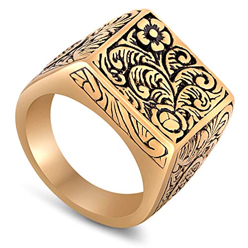 Akitsune Floris Ring | Design-Ring Frauen Herren Edelstahl Groß Floral Blumen Ornament Siegel - Gold - US 10 von Akitsune