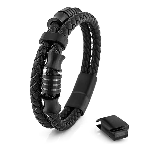 Akitsune Gracilitas Lederarmband | Armschmuck Damen Edelstahl Magnetisches Herrenarmband Mattschwarz 21cm von Akitsune