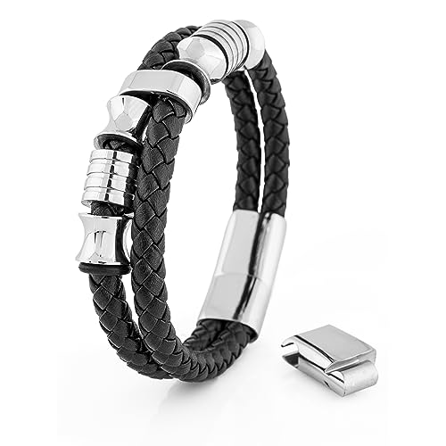 Akitsune Gracilitas Lederarmband | Armschmuck Damen Edelstahl Magnetisches Herrenarmband Silber - Schwarz 21cm von Akitsune