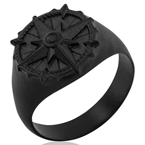 Akitsune Guidance Ring | Kompass Karte Nord Nautisch Ring Herren Edelstahl Designer Mattschwarz- US 11 von Akitsune