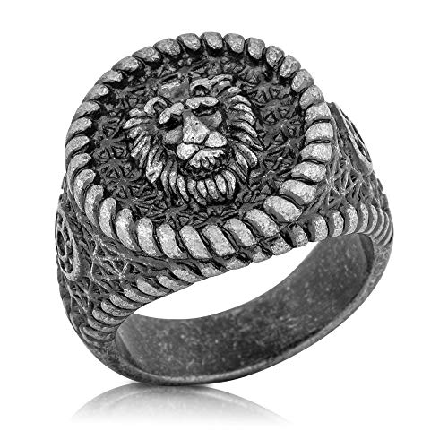 Akitsune Imperator Ring | Design-Ring Frauen Herren Edelstahl Groß Löwe König Siegel - Antik Silber - US 11 von Akitsune