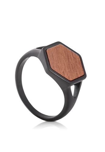 Akitsune Lignum Ring | Holz Inlay Elegant Schlank Herren-Ring Edelstahl Designer Mattschwarz - US 7 von Akitsune