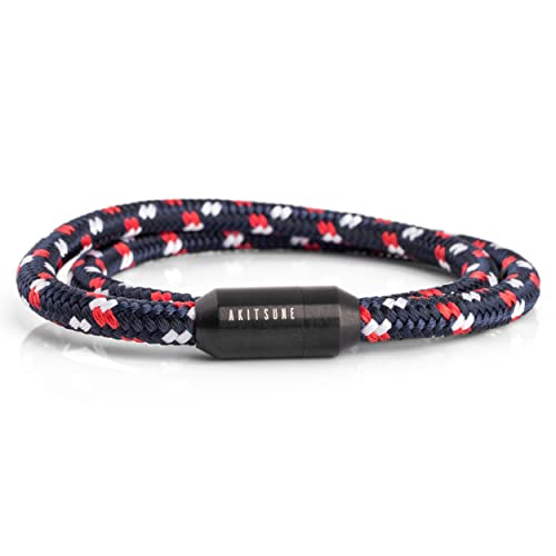 Akitsune Mare Segeltau Nylonarmband | 5 mm breit | Magnetischer Kapselverschluss Doppelt Gewickelt Damen Herren Maritim - Mattschwarz-Blau-Mehrfarbig 43 cm von Akitsune