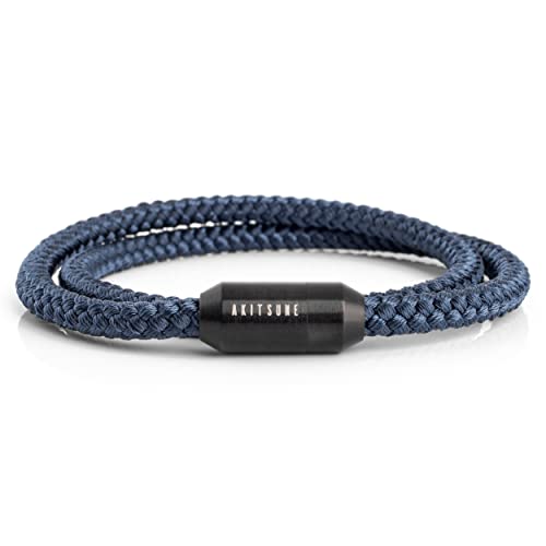 Akitsune Mare Segeltau Nylonarmband | 5 mm breit | Magnetischer Kapselverschluss Doppelt Gewickelt Damen Herren Maritim - Mattschwarz-Navyblau 39 cm von Akitsune