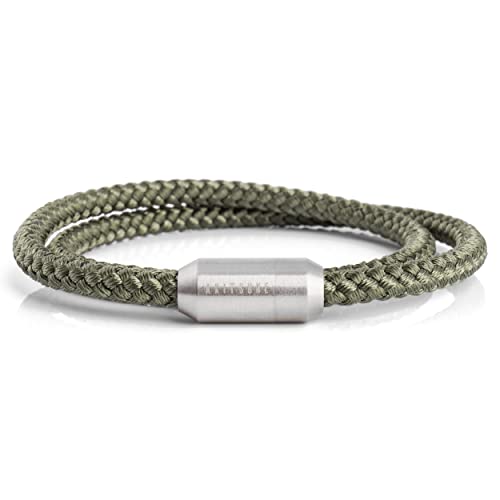 Akitsune Mare Segeltau Nylonarmband | 5 mm breit | Magnetischer Kapselverschluss Doppelt Gewickelt Damen Herren Maritim - Silber-Olivegrün 39 cm von Akitsune