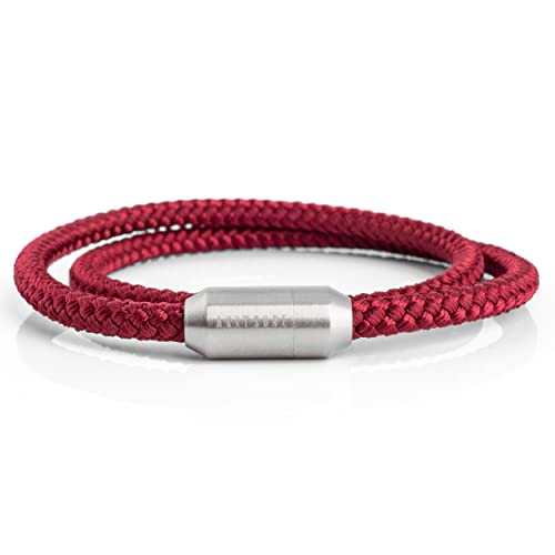 Akitsune Mare Segeltau Nylonarmband | 5 mm breit | Magnetischer Kapselverschluss Doppelt Gewickelt Damen Herren Maritim - Silber-Weinrot 39 cm von Akitsune