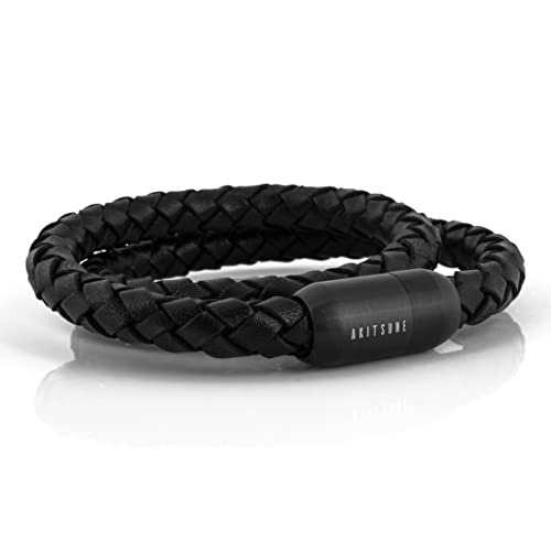 Akitsune Navis Segeltau Lederarmband | 8mm breit | Magnetischer Kapselverschluss Doppelt Gewickelt Damen Herren Maritim - Mattschwarz - Schwarz 39 cm von Akitsune