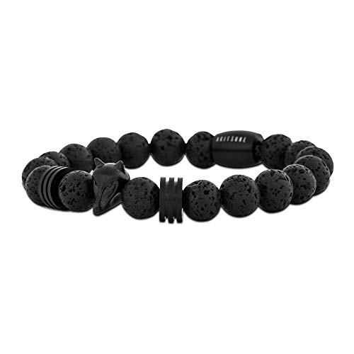 Akitsune Obsidian Perlenarmband | Premium Armband für Männer | Perlenarmband Herren mit Edelsteinen & Edelstahl Fuchs-Emblem | Tolle Geschenkidee - Schwarz Lavastein - 18cm von Akitsune