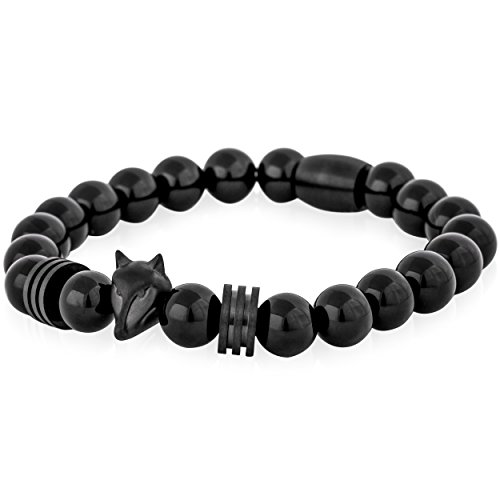 Akitsune Obsidian Perlenarmband | Premium Armband für Männer | Perlenarmband Herren mit Edelsteinen & Edelstahl Fuchs-Emblem | Tolle Geschenkidee - Mattschwarz Schwarz - 20cm von Akitsune