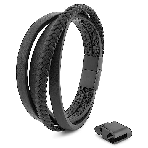 Akitsune Pathfinder Synthetisches Lederarmband | Magnetverschluss aus Edelstahl - Geflochtenes Männer Herren Armband inkl. schöner Schmuckschachtel - Schwarz-Schwarz - 19cm von Akitsune