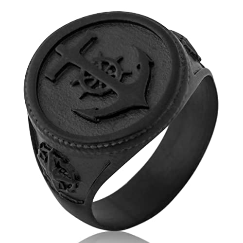 Akitsune Portus Ring | Anker Seefahrer Nautisch Traditional Ring Herren Edelstahl Designer Mattschwarz - US 7 von Akitsune