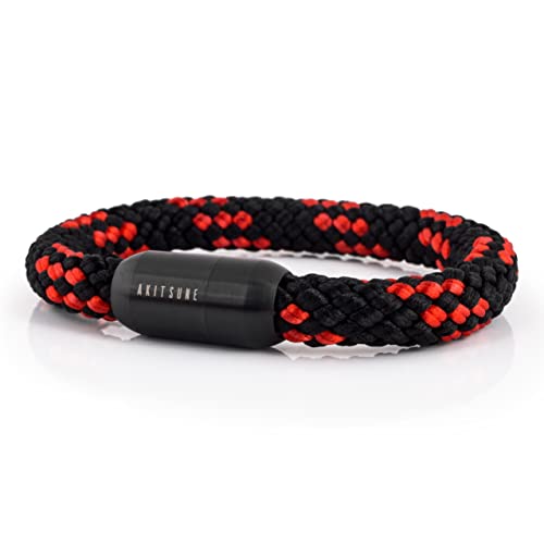 Akitsune Portus Segeltau Armband | Magnetischer Kapselverschluss Armschmuck Damen Anker Herren Maritim - Mattschwarz - Schwarz- Rot 19cm von Akitsune