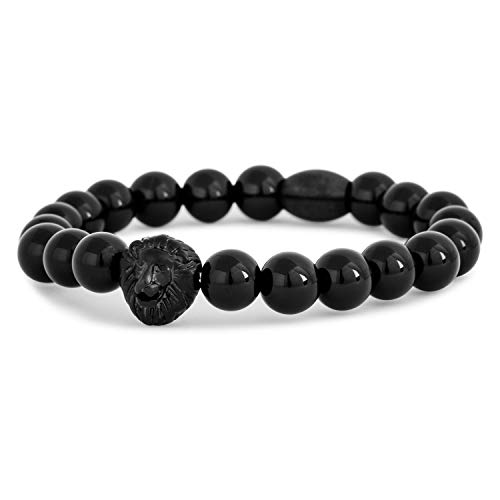 Akitsune Regis Perlen-Armband - Armschmuck Damen Herren Onyx Löwe - Mattschwarz Schwarz - 20cm von Akitsune
