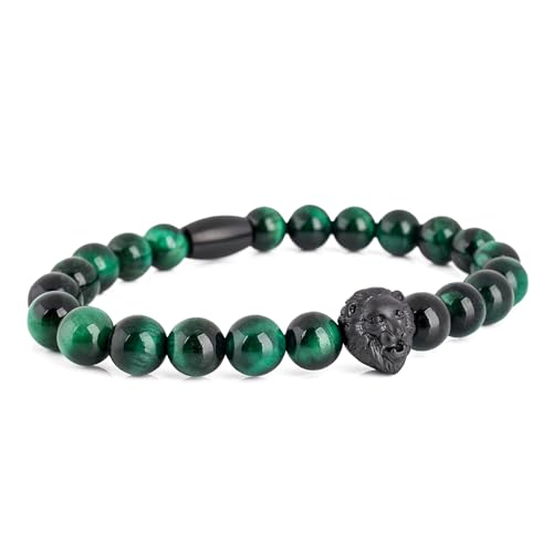 Akitsune Regis Perlenarmband - Armschmuck Damen Herren Beads Löwe - Mattschwarz - Tigerauge Grün - 20cm Akitsune Regis Perlenarmband - Armschmuck Damen Herren Beads Löwe - Mattschwarz - Tigerauge Grün - 20cm von Akitsune