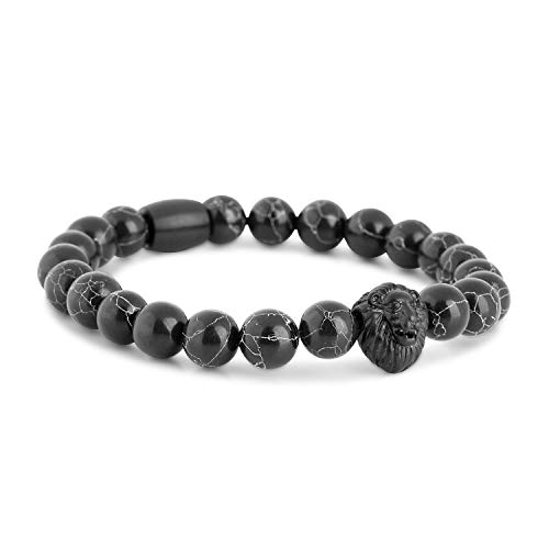 Akitsune Regis Perlenarmband - Armschmuck Damen Herren Beads Löwe - Mattschwarz - Türkis Schwarz - 20cm von Akitsune