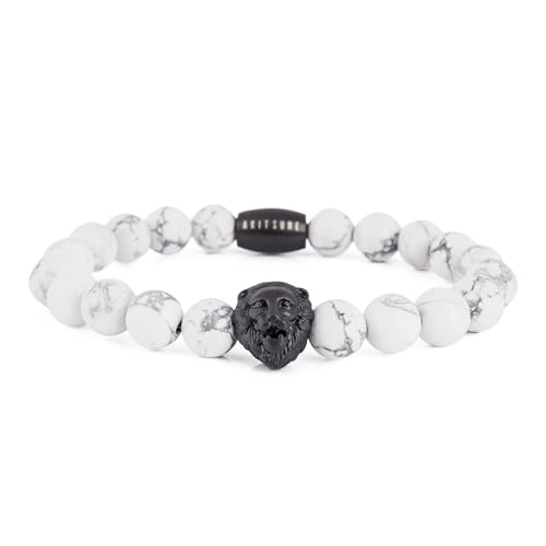 Akitsune Regis Perlenarmband - Armschmuck Damen Herren Beads Löwe - Mattschwarz - Türkis Weiß - 18cm von Akitsune