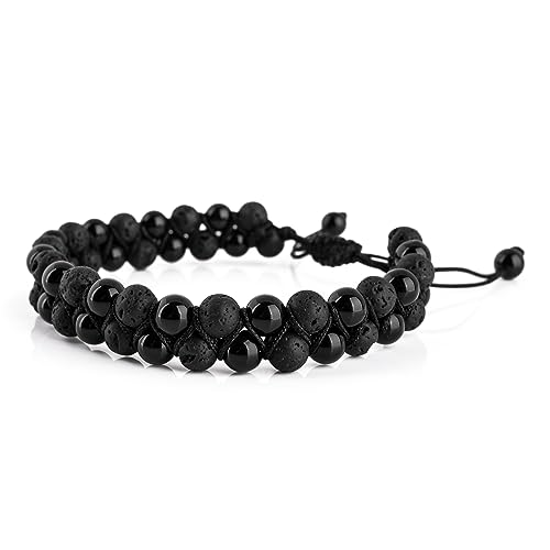 Akitsune Sensei Perlenarmband | Elastisches Armband Armschmuck Damen Herren Halbedelsteine 6 mm Beads - Onyx mit Lavastein von Akitsune