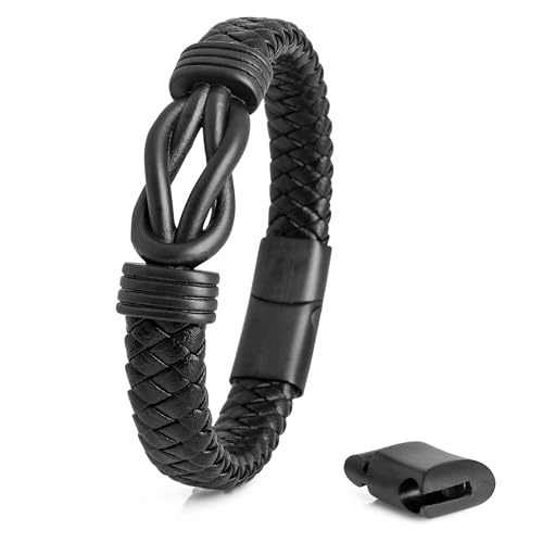Akitsune Serpent Lederarmband mit Magnetischen Verschluss - Armschmuck Damen Herren Edelstahl Armband Mattschwarz 18cm von Akitsune