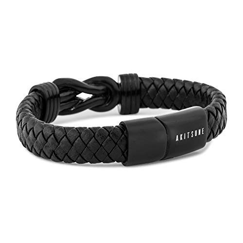 Akitsune Serpent Lederarmband mit Magnetischen Verschluss - Armschmuck Damen Herren Edelstahl Armband Mattschwarz 22cm von Akitsune